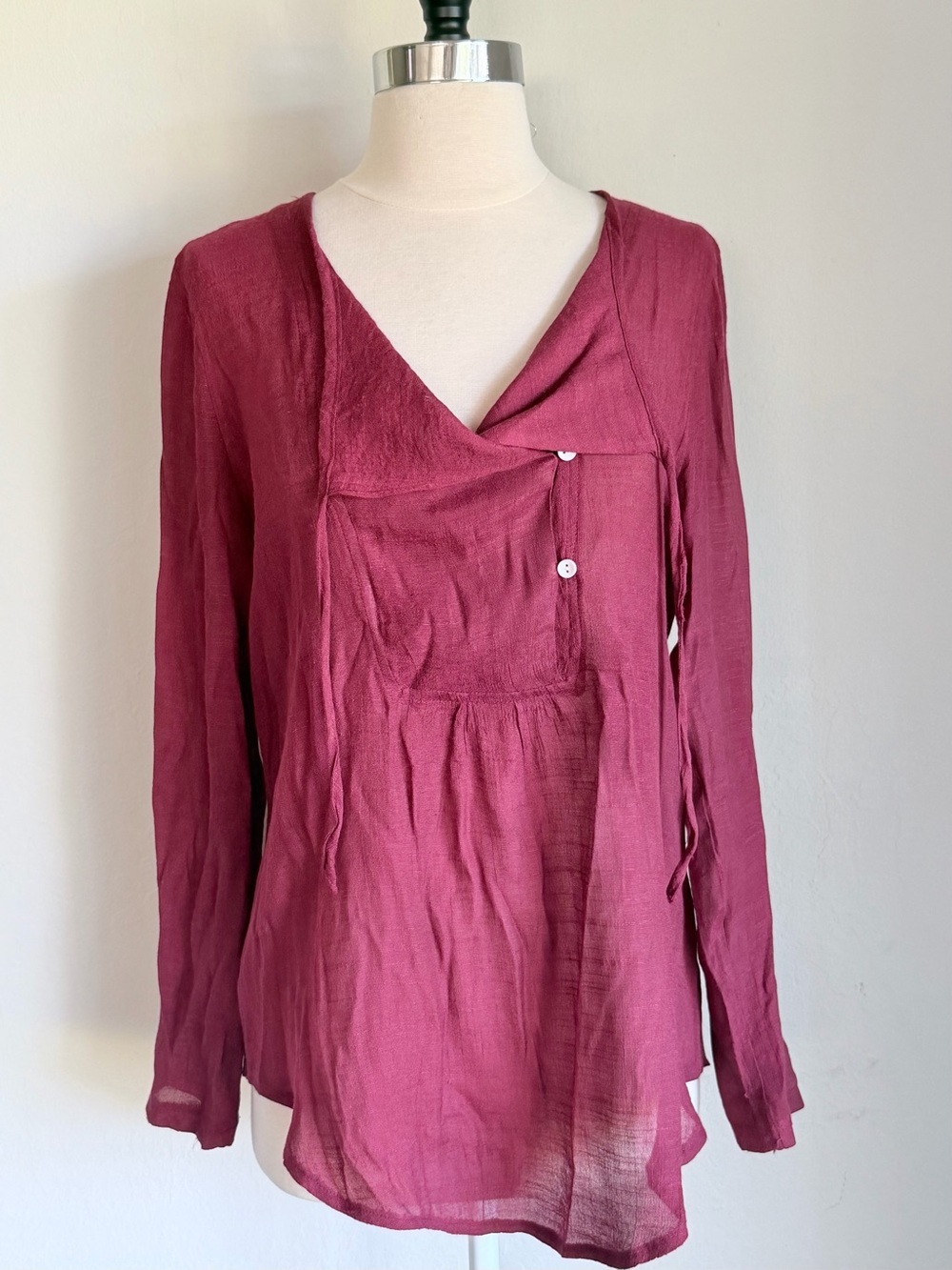 Women's Gauze Long-Sleeve V-Neck Draped Front Blouse - Rose Wine, Medium